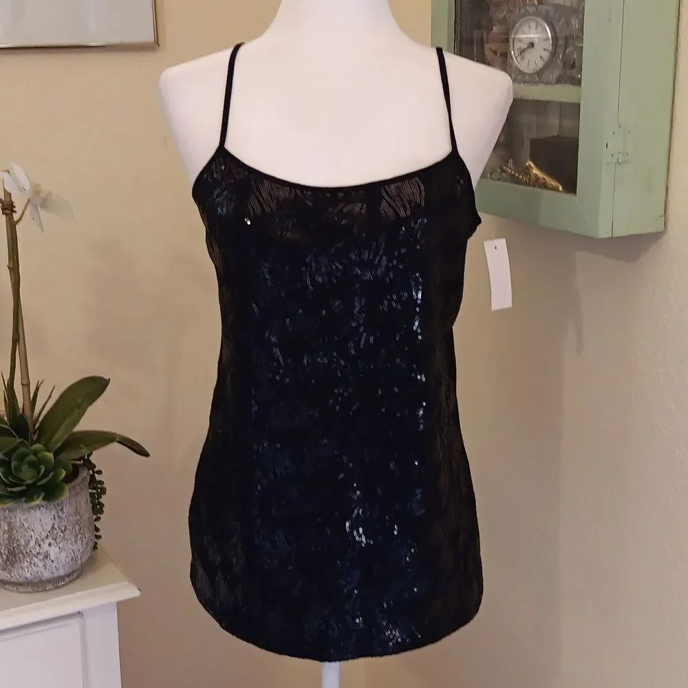 NWT Ann Taylor Black Cotton Blend Top WithSparkly Front.Cocktails.CoastalCowgirl